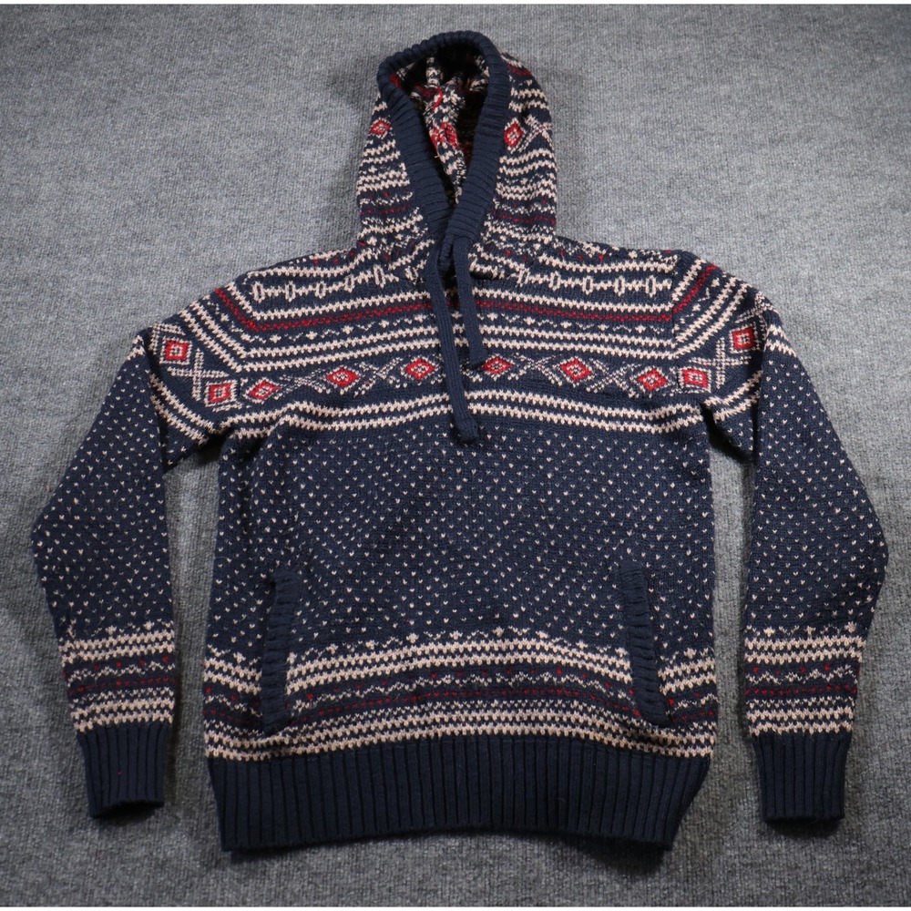 Vintage American Eagle Fair Isle Knit Hoodie Blue Winter Sweater Mens M Nordic